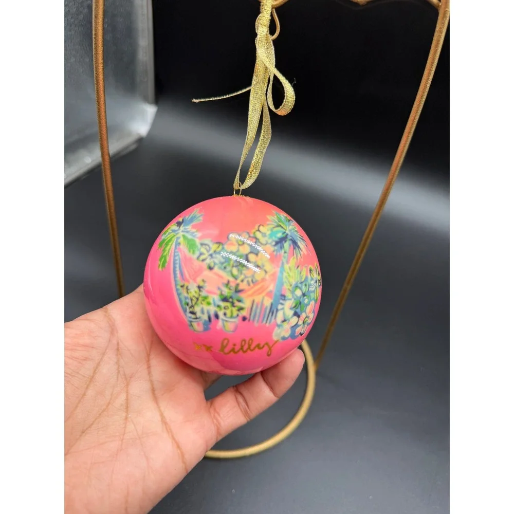 Lilly‎ Pulitzer Pink Tropical Palm Tree Christmas Ball Ornament Gold Ribbon 3in